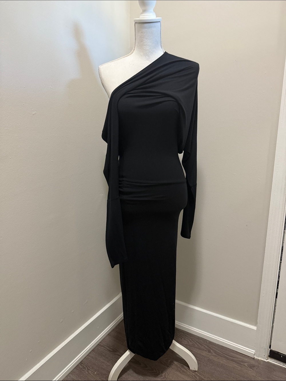 Guess by Marciano One-Shoulder Black Maxi Dress with Draped Sleeve